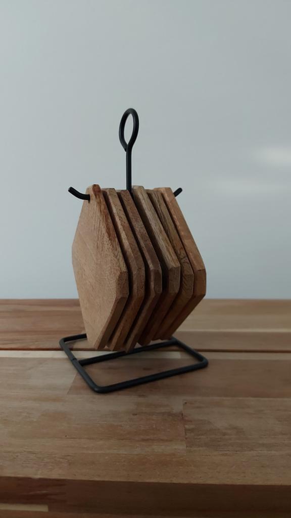 Houten Onderzetters met Houder - Set van 6, Hout, Ophalen of Verzenden, Zo goed als nieuw, Modern