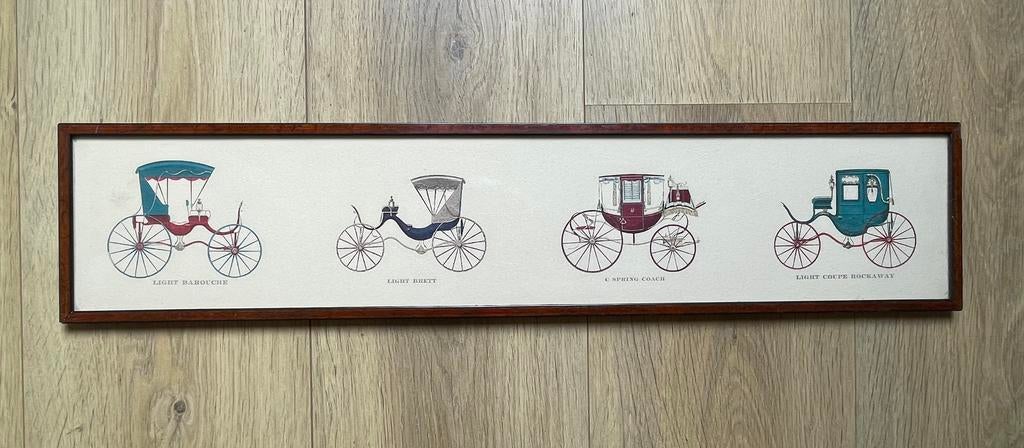 Ingelijste antieke prent van vier koetsen, Ophalen of Verzenden