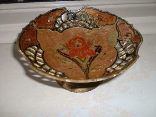 OFFERSCHAALTJE uit INDIA <> Geëmailleerd Koper 14 x 7 cm., Antiek en Kunst, Oranje, Handgemaakt, Ophalen of Verzenden, Metaal