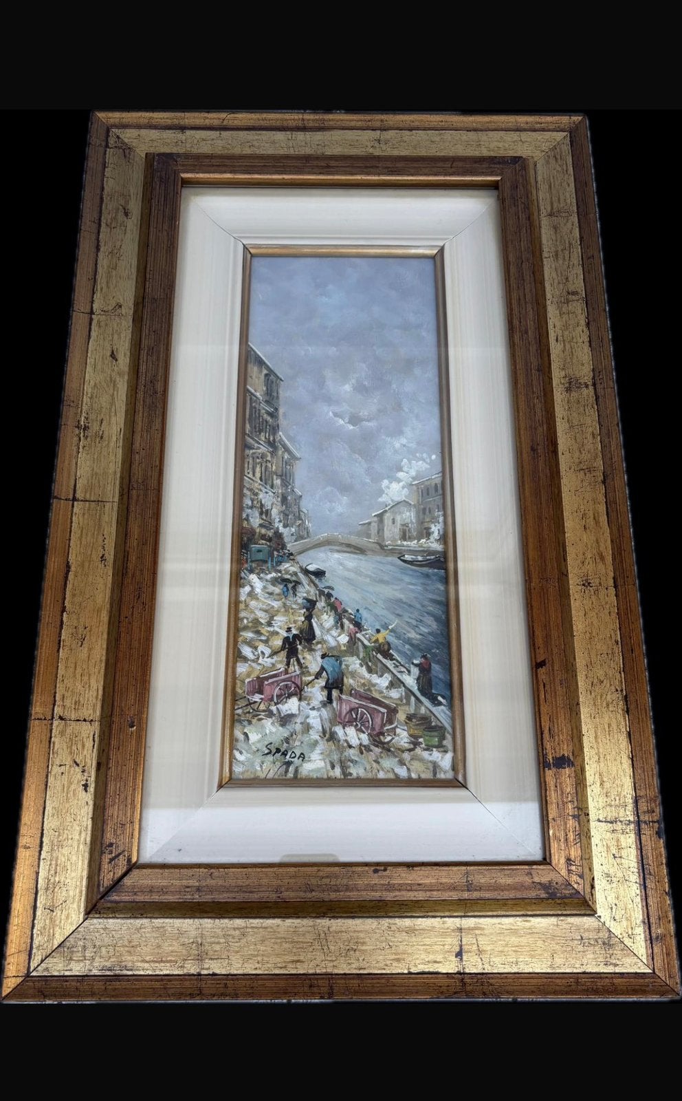 Italiaans wintertafereel langs kade (Gesigneerd: Spada), Antiek en Kunst, Kunst | Schilderijen | Klassiek, Ophalen