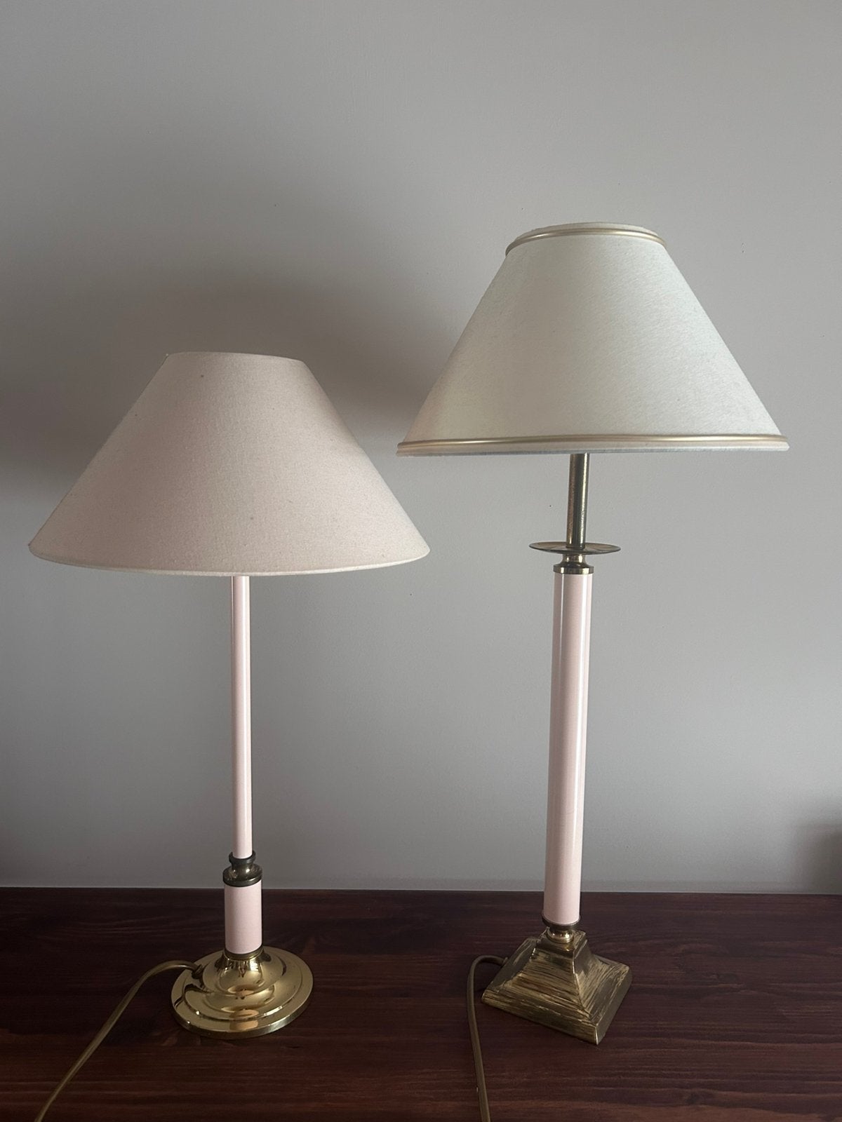 Set van 2 vintage tafellampen – roze & messing, Roze, Ophalen of Verzenden, Gebruikt, Vintage