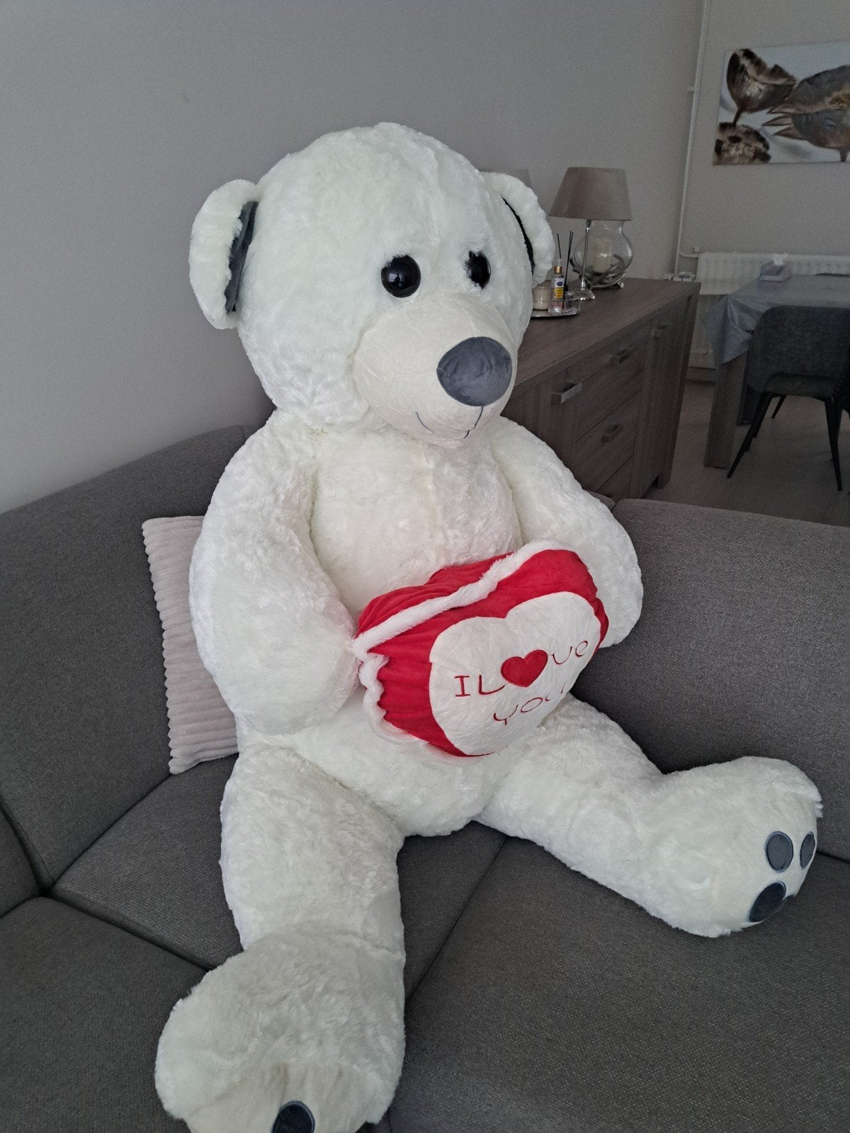 Grote witte teddybeer met hart - Zo goed als nieuw, Overige merken, Overige karakters, Beer, Ophalen of Verzenden
