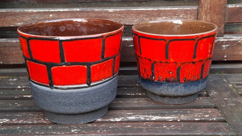 Vintage west germany bloempotten set fat lava, Ophalen, Gebruikt, Rond, Binnen
