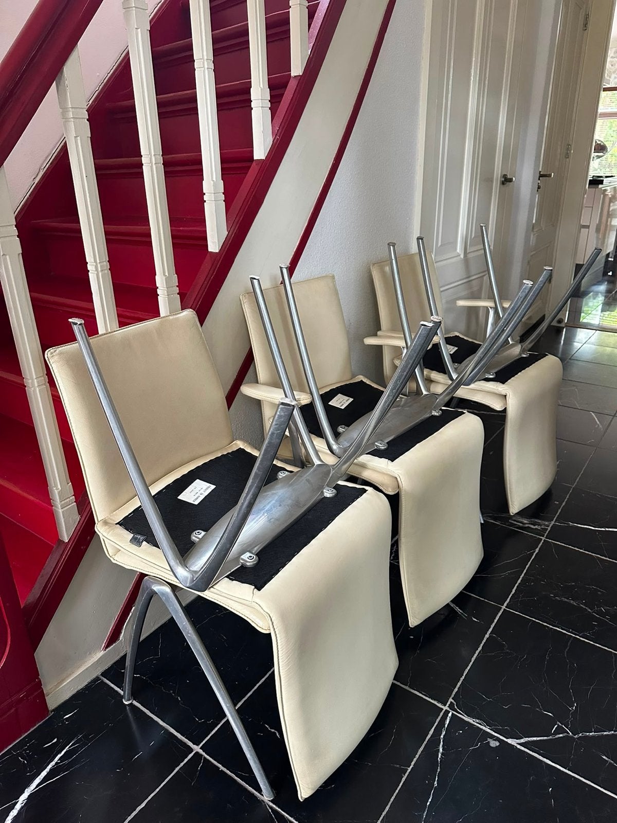 Leolux leren eetkamerstoelen - 6 stuks, Ophalen, Gebruikt, Wit, Leer