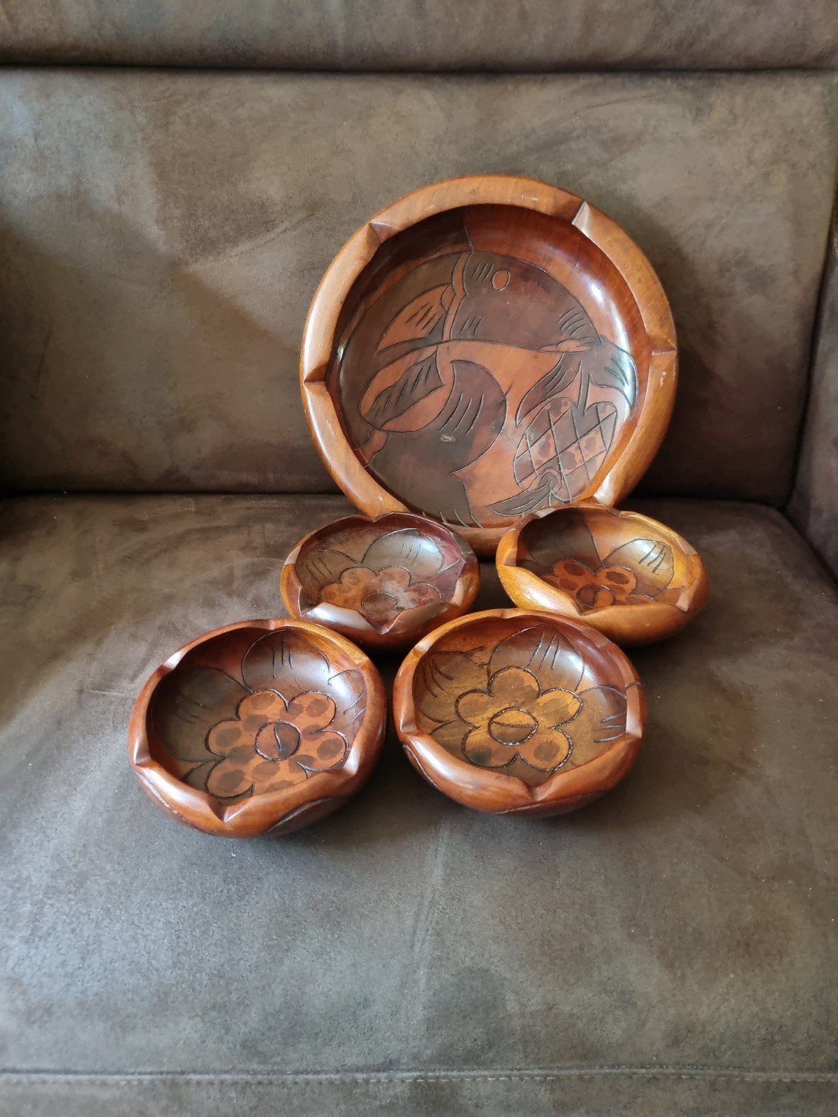 Houten schalen set met handgesneden patronen, Antiek en Kunst, Ophalen of Verzenden