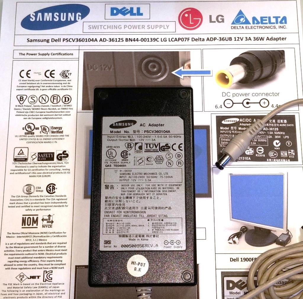 Dell PSCV360104A LG AD-3612S 12V 3A 36W LCAP07F AC Adapter
