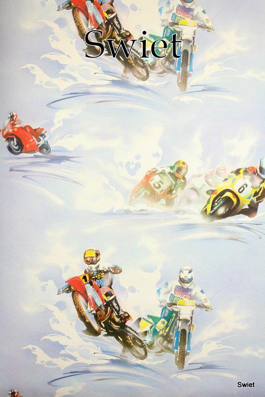 7896 motor behang met crossers en racemotoren 90s  swiet, Ophalen of Verzenden, 75 m² of meer, Geel