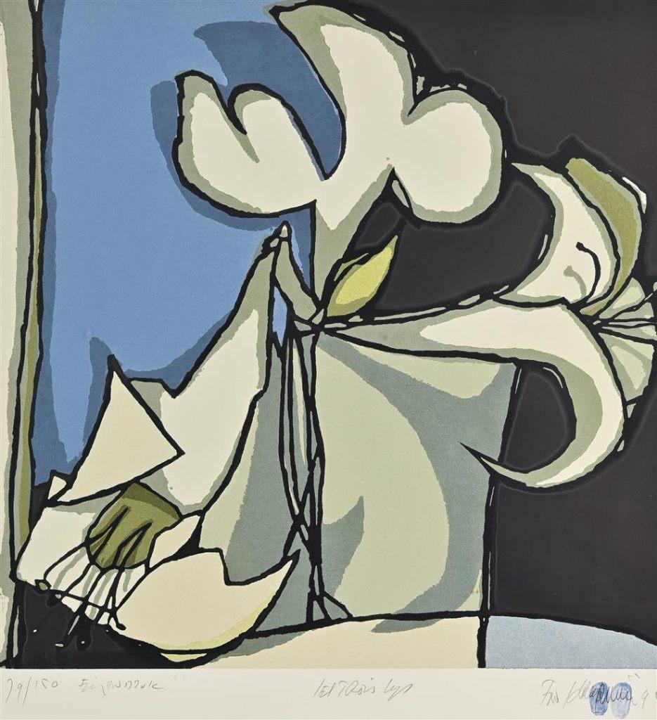 Fon Klement (1930) Boardsnede " Les Trois Lys " Ges Gen Ged, Antiek en Kunst, Kunst | Litho's en Zeefdrukken, Ophalen of Verzenden