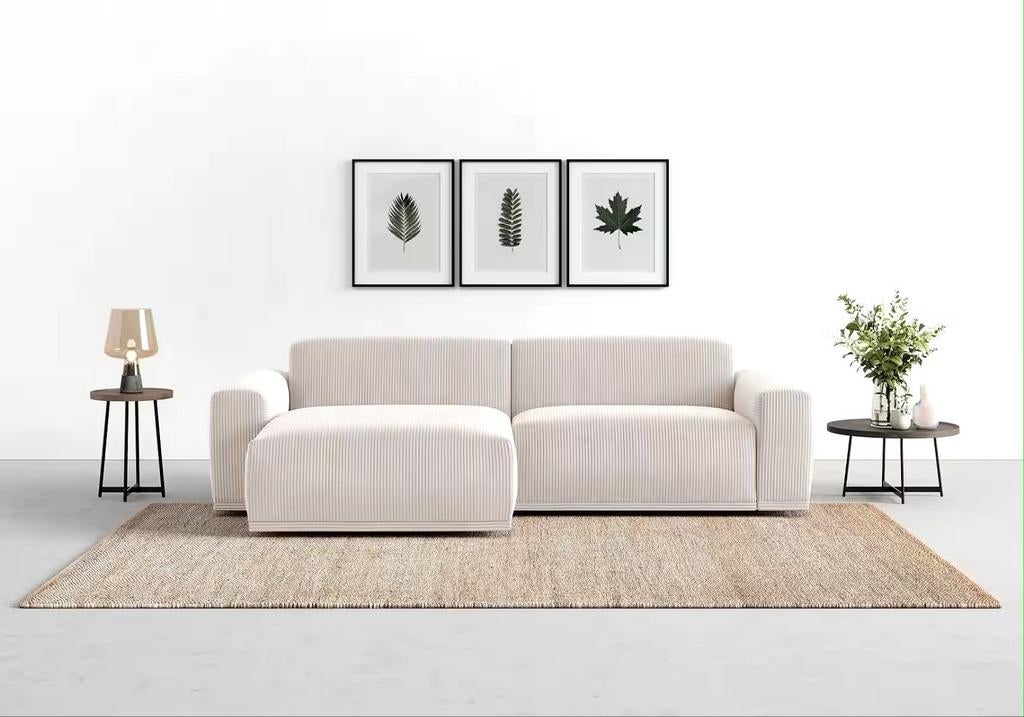 Nieuwe moderne hoekbank beige ribstof loungebank, Huis en Inrichting, Banken | Bankstellen, Keizer, 250 tot 300 cm, Keizer, Hoekbank