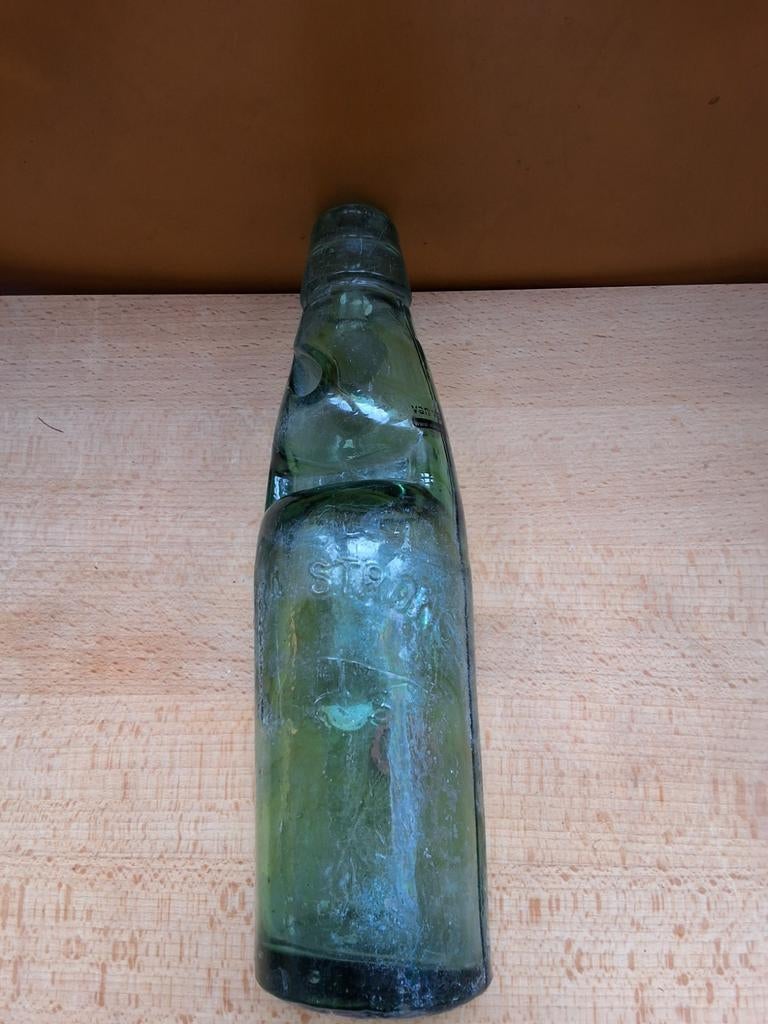 Antieke glazen kogel knikker fles ca 1900 groen codd-neck, Ophalen of Verzenden