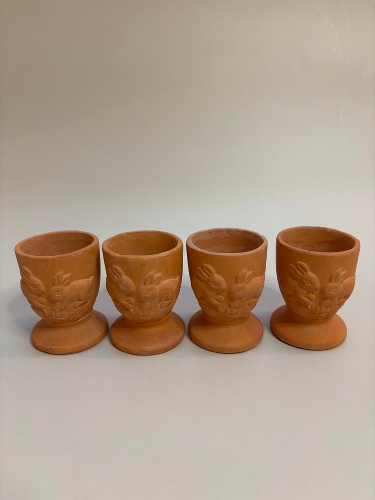 Vintage Terracotta Eierdopjes met Konijntjes 4 stuks, Ophalen of Verzenden, Gebruikt