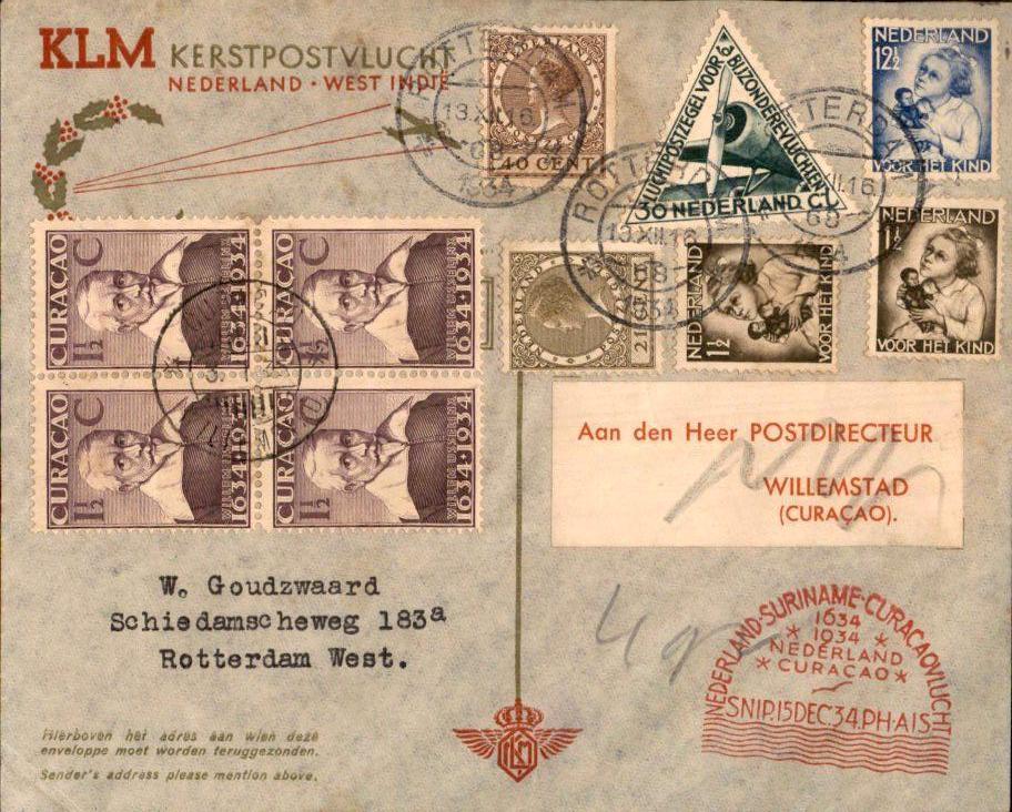 Curacao - Kerstvlucht - Frankering - 1934 - Kinderzegels, Ophalen of Verzenden, Envelop