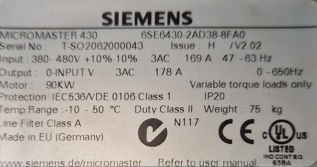 Siemens micromaster 430 90 kW, Ophalen, Gebruikt