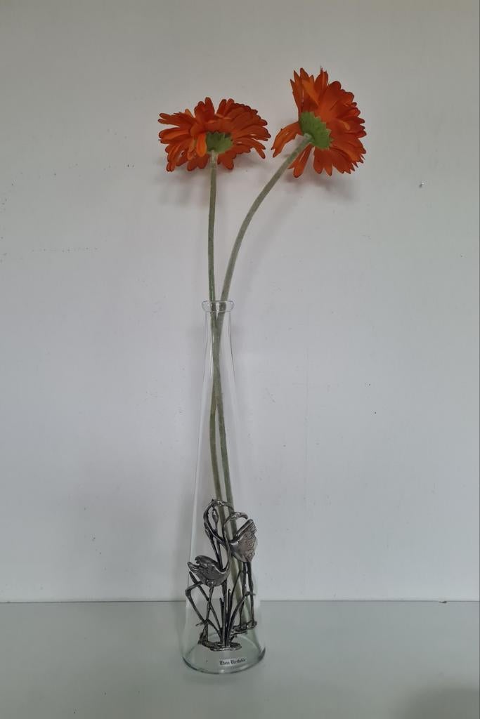 Etain Veritable glazen vaas met Tinnen vogels Art Nouveau st, Gebruikt, Overige kleuren, Ophalen of Verzenden, Glas