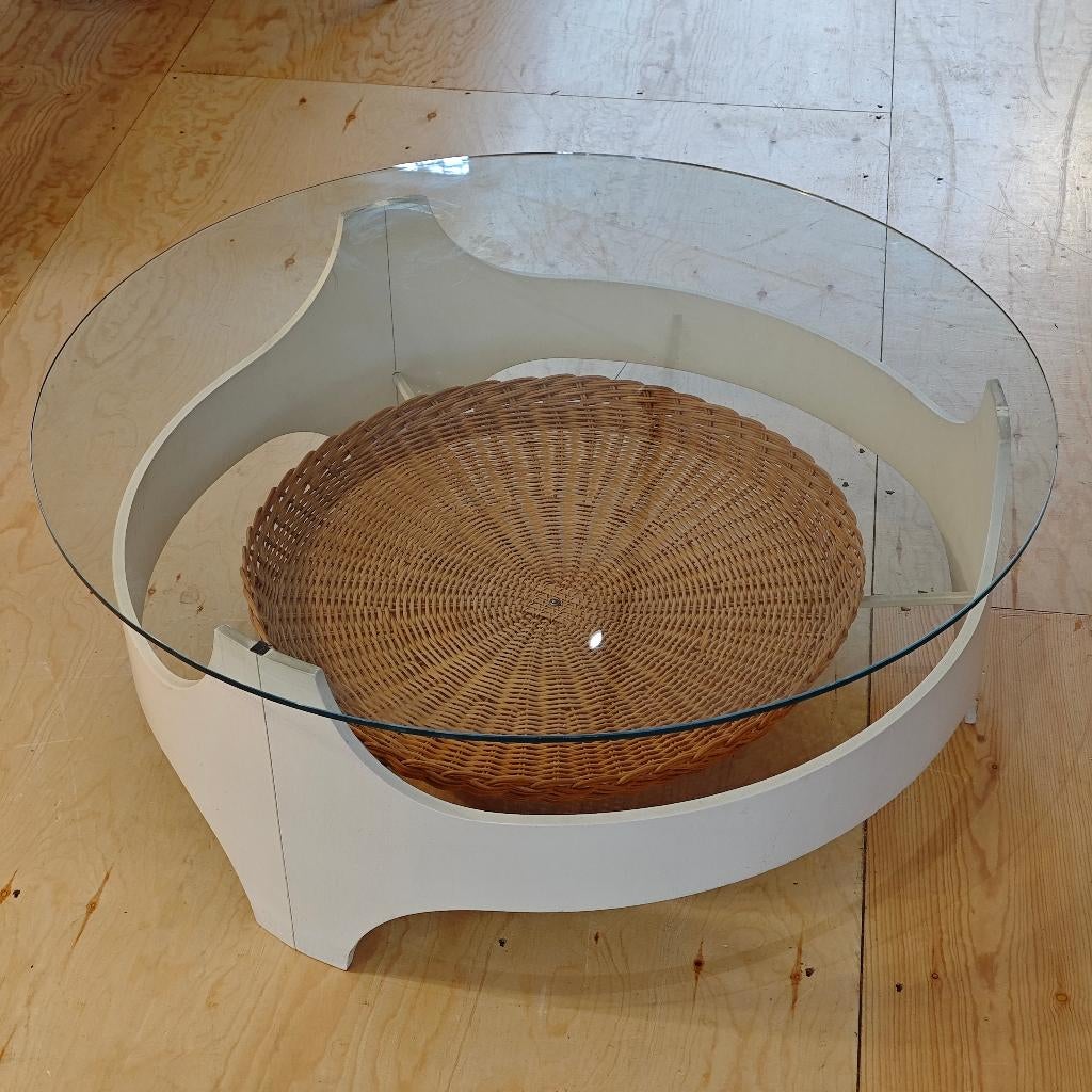 Vintage salontafel wit riet glas, Huis en Inrichting, Ophalen, Gebruikt, 50 tot 100 cm, Overige houtsoorten