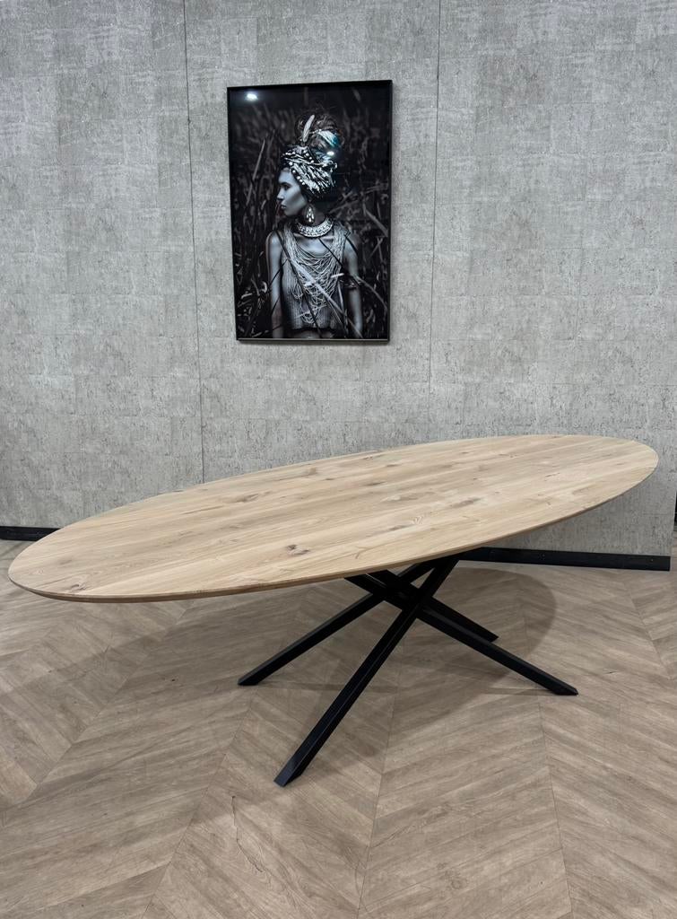 Eiken eettafel ovaal matte lak incl frame 260x110 *nieuw, Huis en Inrichting, Tafels | Eettafels, Firma Hout en Staal, 100 tot 150 cm
