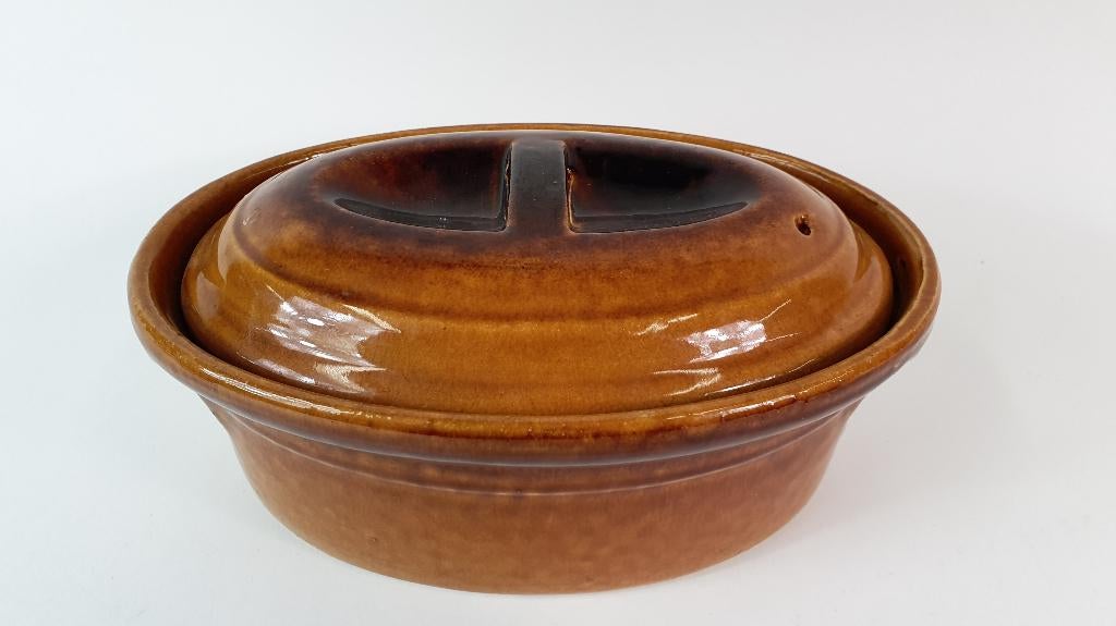 Vintage ovenschaal, bruin geglazuurd keramiek. 7B12, Ophalen of Verzenden