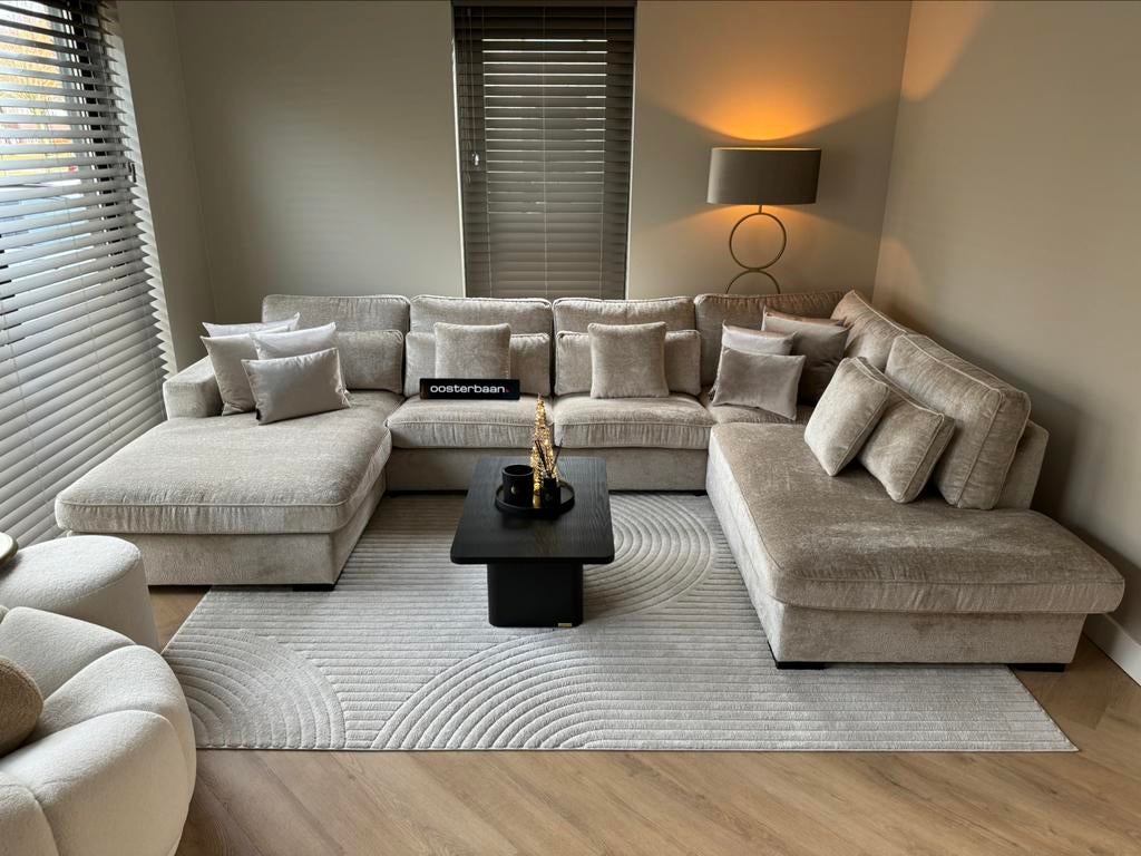 Luxe Velvet Teddy U-Bank Costa 195x370x250cm Beige Sand NEW, Huis en Inrichting, Banken | Bankstellen, Nieuw, Hoekbank, Vierpersoons of meer