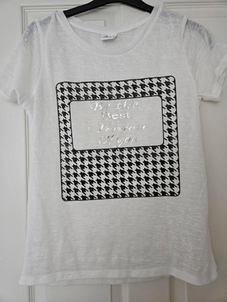 Nieuw wit met zwart en zilver shirt maat L, Kleding | Dames, Ophalen of Verzenden, Zo goed als nieuw, Wit, Korte mouw