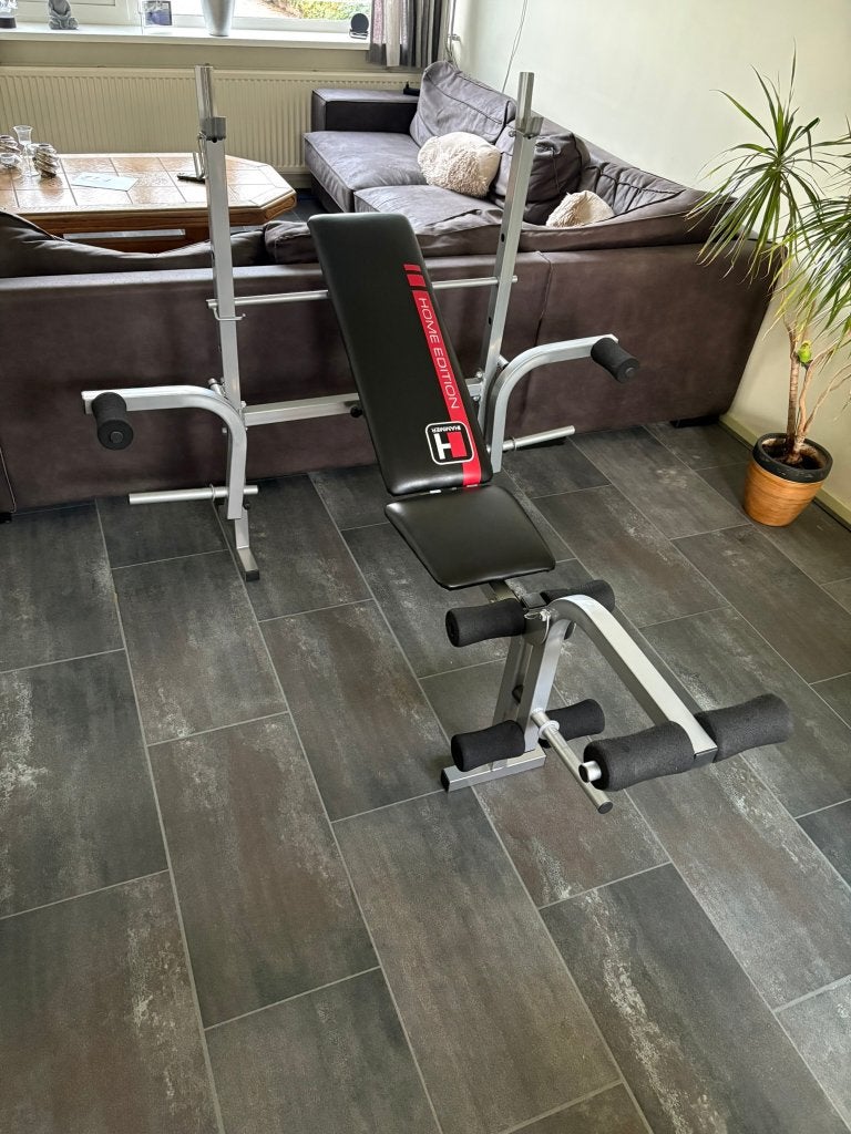 Halterbank met stangen en gewichten., Ophalen, Gebruikt, Fitnessbank