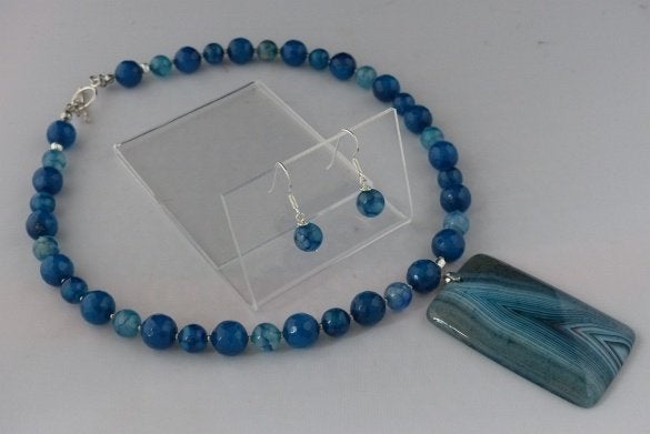 AGAAT ketting/oorhanger-set, Sieraden, Tassen en Uiterlijk, Kettingen, Blauw, Nieuw, Ophalen of Verzenden, Met edelsteen