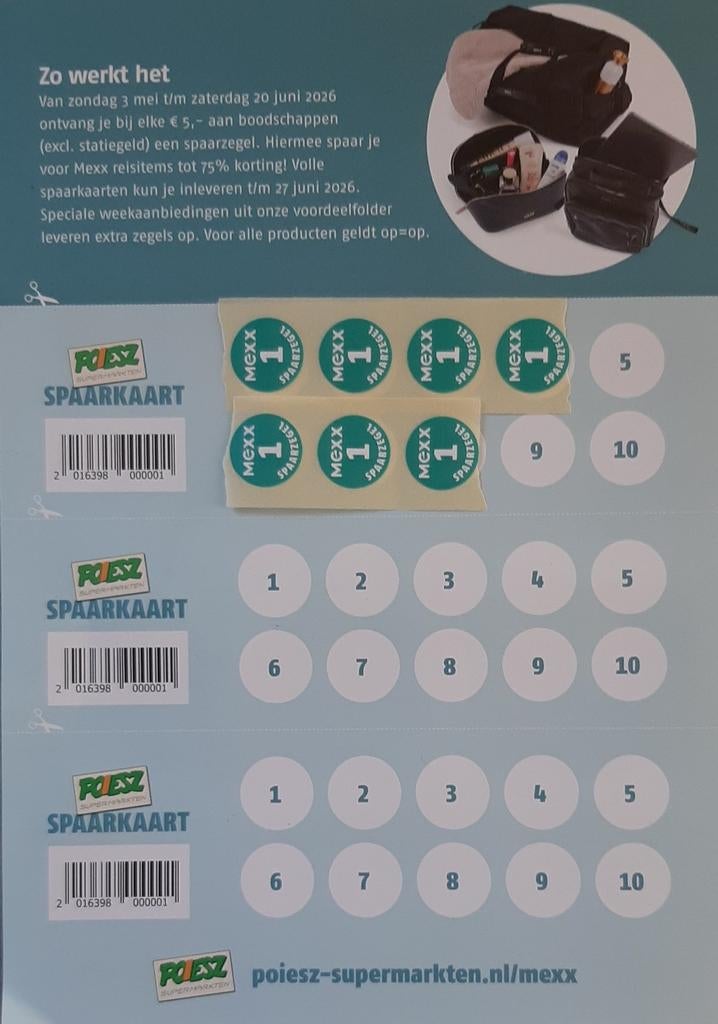 7 Poiesz zegels voor MEXX reisitems.Tot 75% korting., Verzamelen, Overige supermarkten, Ophalen of Verzenden