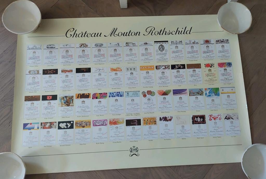 Poster Chateau Mouton Rothschild etiketten 1945 tm 1996, Ophalen of Verzenden, Gebruikt, A1 t/m A3, Film en Tv