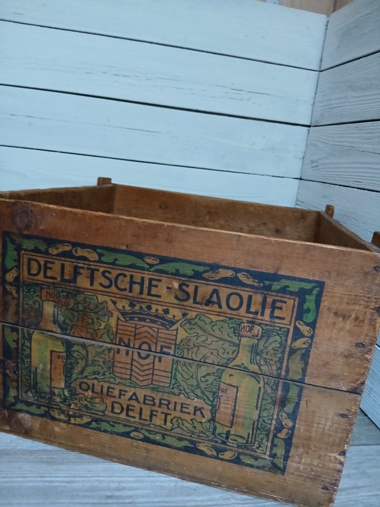 Antieke Houten Toonbankkist 'Delftsche Slaolie' – NOF Delft, Verzamelen, Gebruikt, Gebruiksvoorwerp, Onbekend, Ophalen of Verzenden