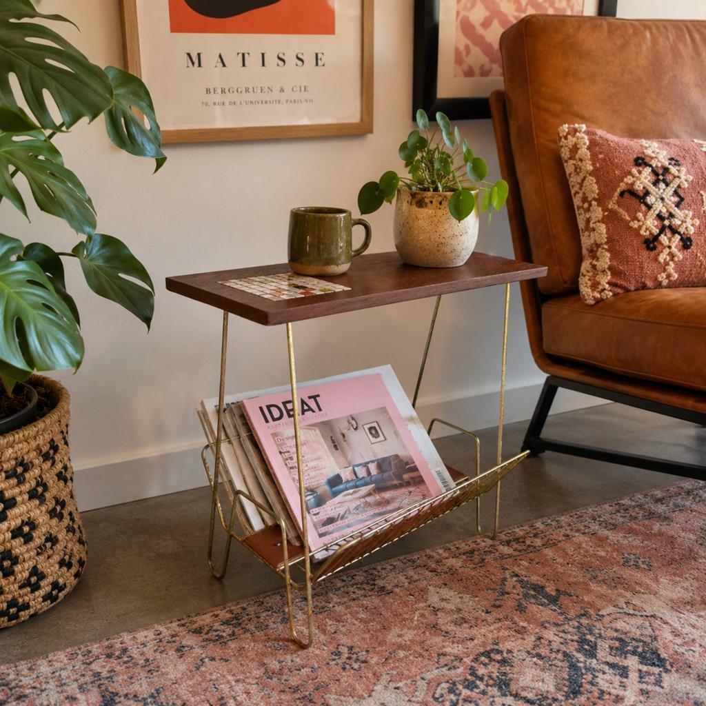 Vintage jaren '60 magazinehouder / krantenrek met tafeltje, Huis en Inrichting, Woonaccessoires | Krantenbakken en Lectuurbakken