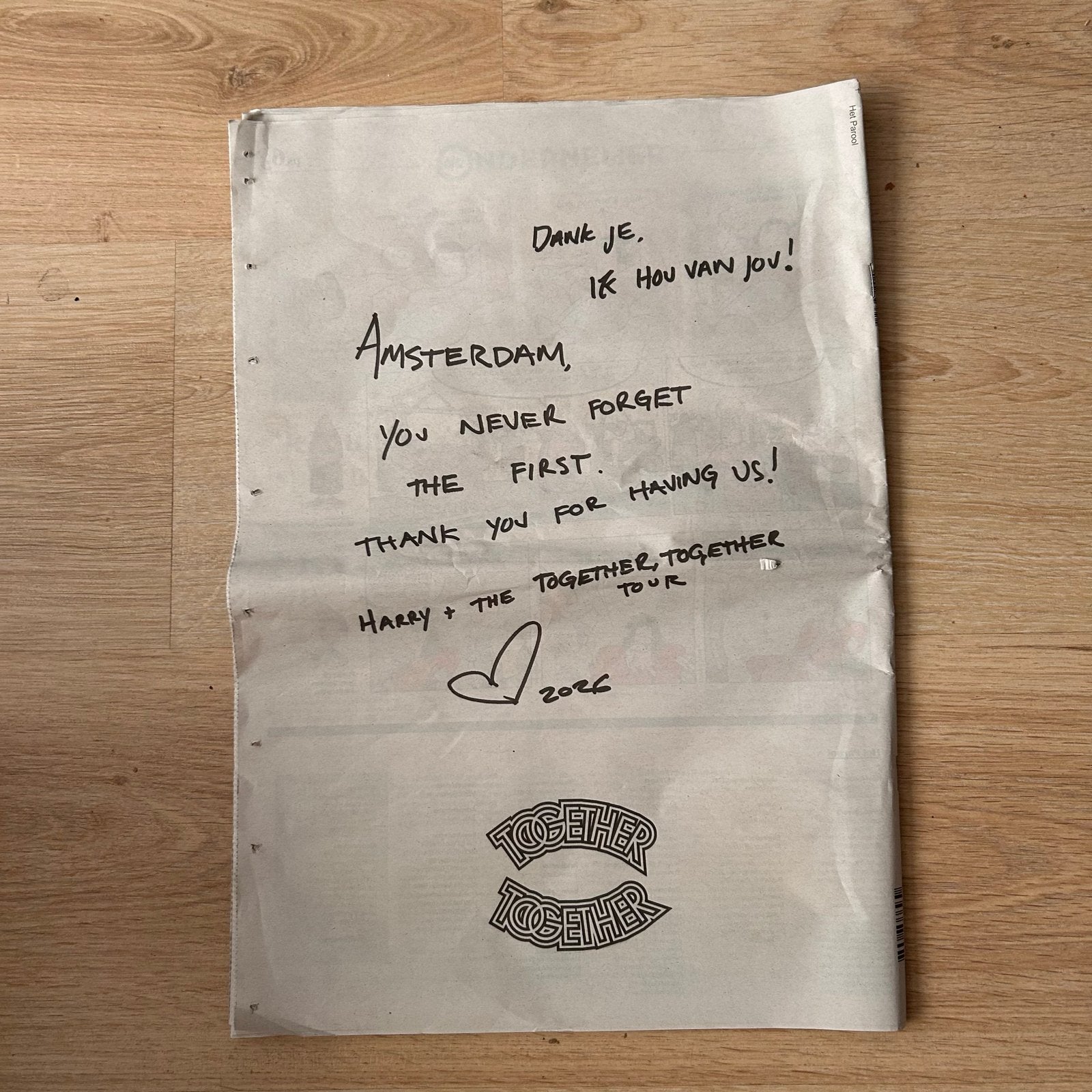 dankwoord Harry Styles in Amsterdams Parool, Ophalen, Nieuw, Krant
