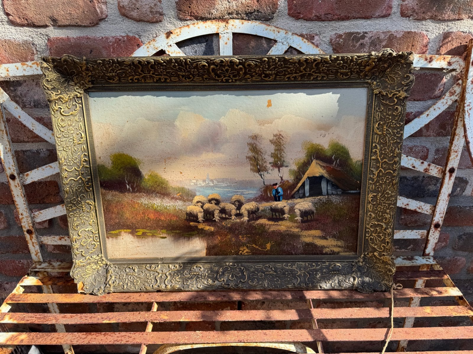 Oud Hollands landschap met schapen en boerderij, Doek, Oud hollands, Ophalen of Verzenden, Olieverf