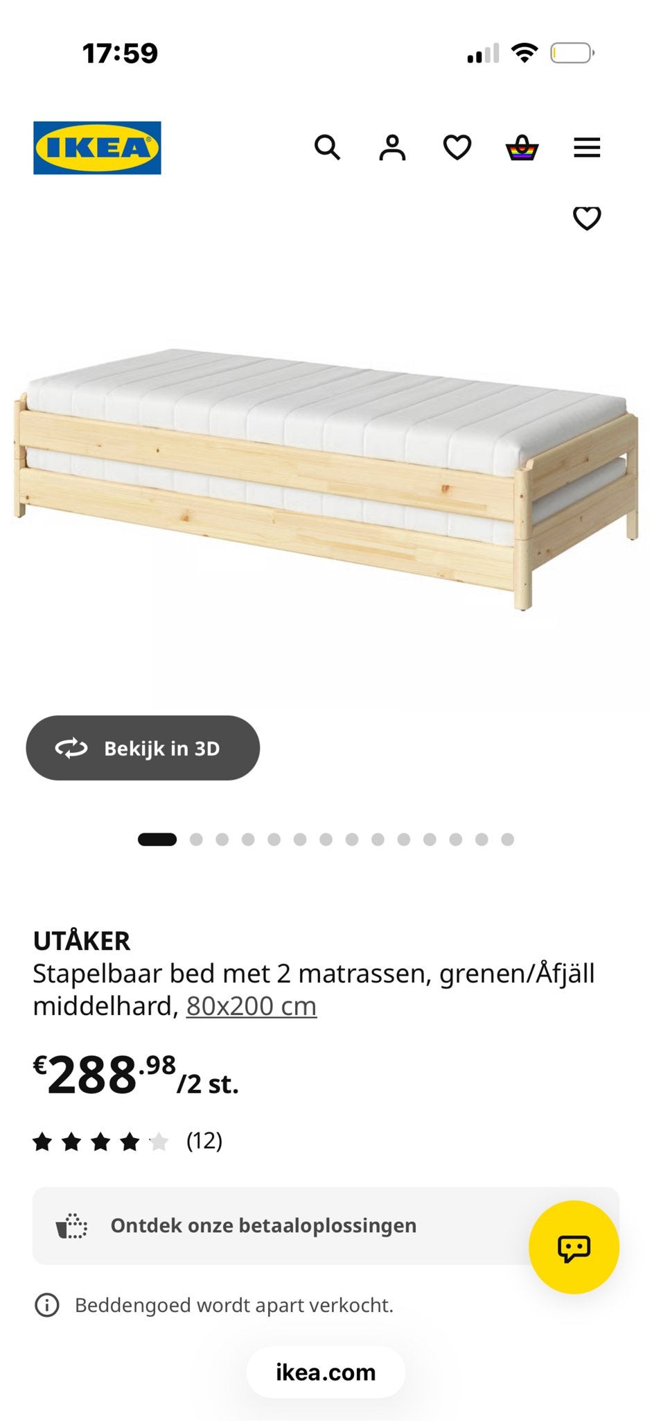 IKEA UTÅKER Stapelbaar Bed met 2 Matrassen (Z.G.A.N.), Ophalen, Zo goed als nieuw, 80 cm, 200 cm