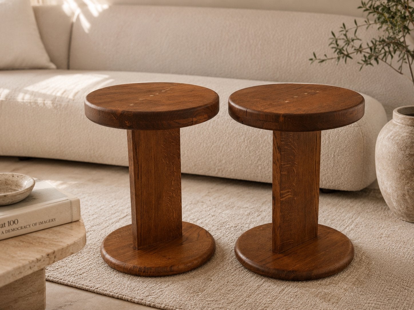 Massief Eiken Design Bijzettafels | Set van 2 | Handgemaakt, Ophalen, Minder dan 45 cm, Minder dan 55 cm, Rond