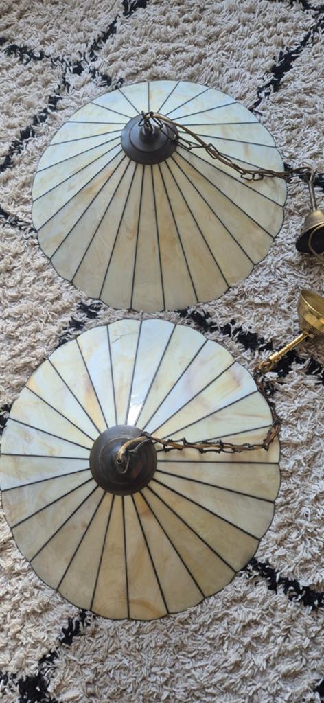 2 Tiffany beige hanglampen Japandi stijl, Ophalen, Gebruikt, Japandi, Tiffany, Glas