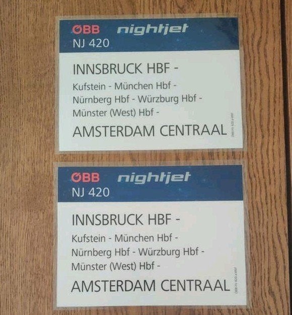 Nightjet 420 Koersbord Innsbruck - Amsterdam Centraal, Ophalen of Verzenden, Zo goed als nieuw, Trein, Overige typen