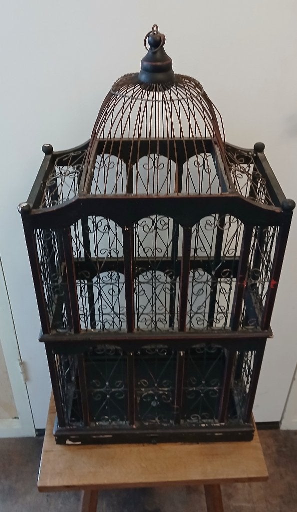 Antiek franse vogelkooi decoratie hout bewerkt ijzerdraad, Ophalen