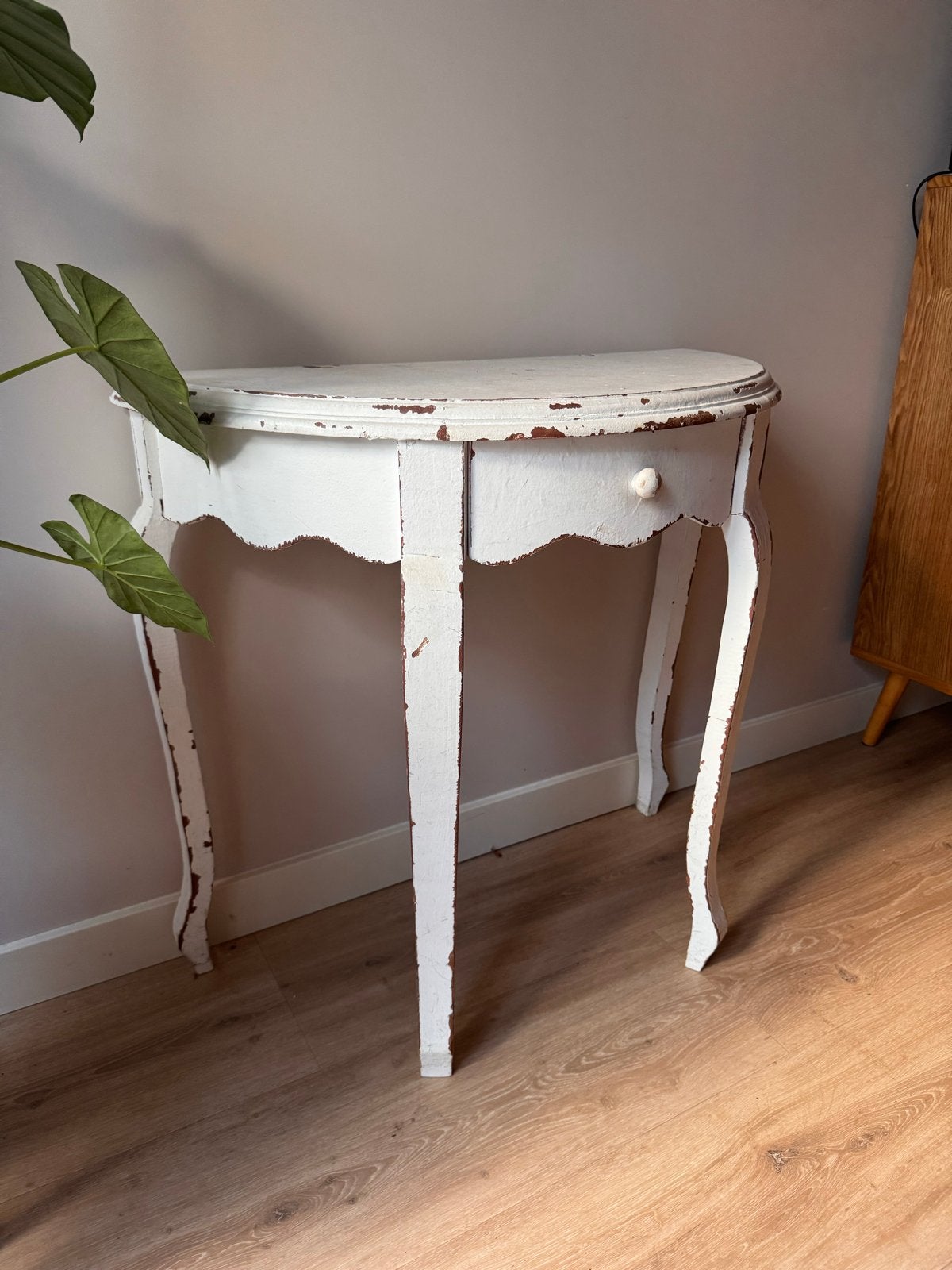 Antiek wit houten kastje - Haltafel met lade, Ophalen