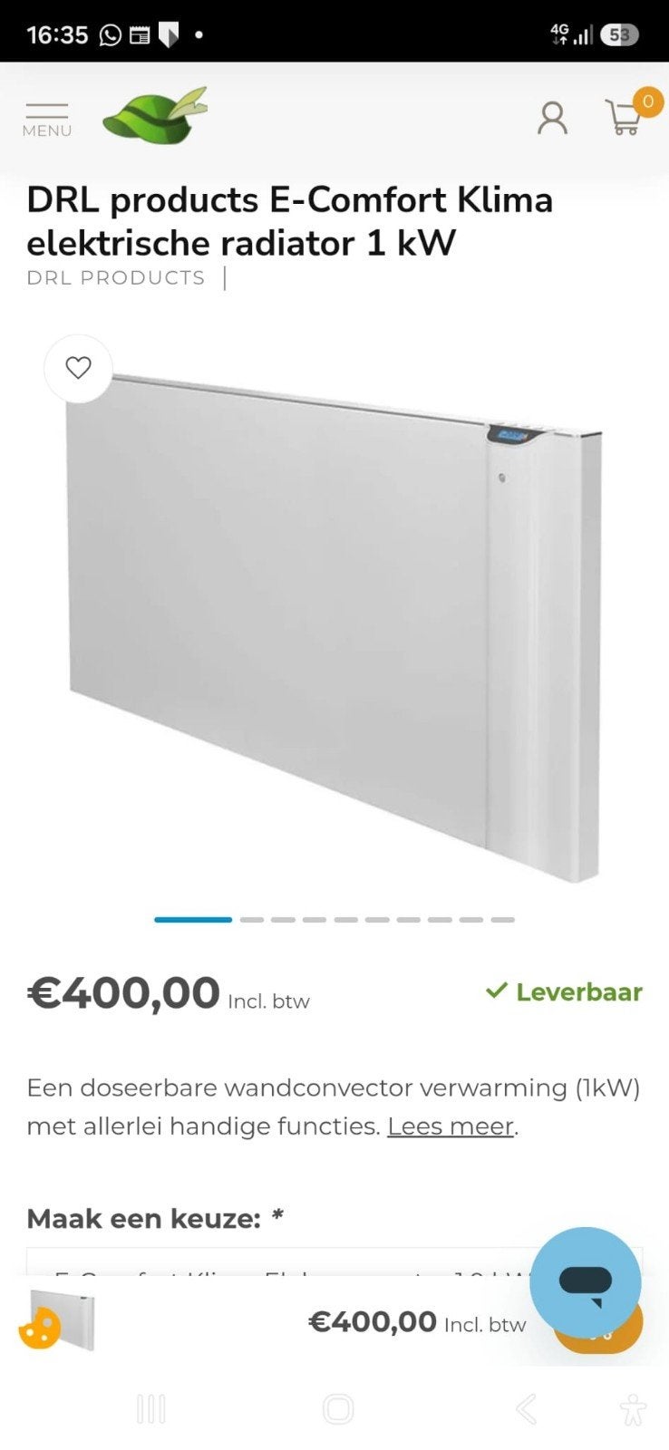 DRL products E-Comfort Klima elektrische radiator 1 kW, Doe-het-zelf en Verbouw, Ophalen, Zo goed als nieuw, 800 watt of meer