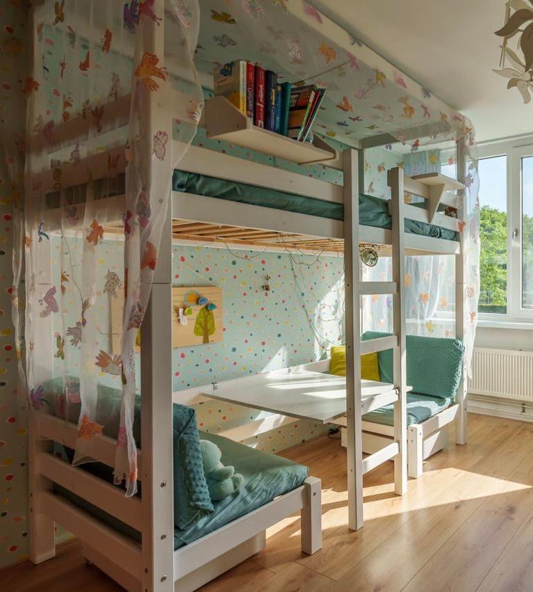Hoppekids hoogslaper met bankje, stapelbed en hemel opbouw, Kinderen en Baby's, Ophalen of Verzenden, Gebruikt, Hoogslaper