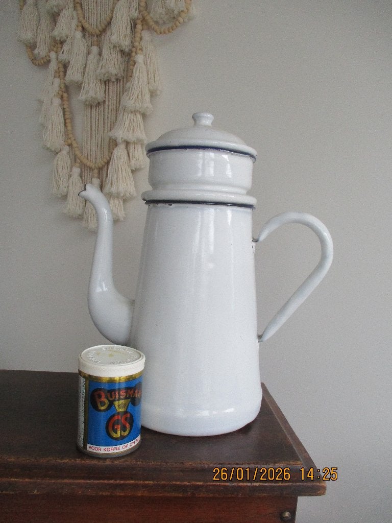emaille brocante witte koffiepot met filter, Antiek en Kunst, Antiek | Emaille, Ophalen of Verzenden