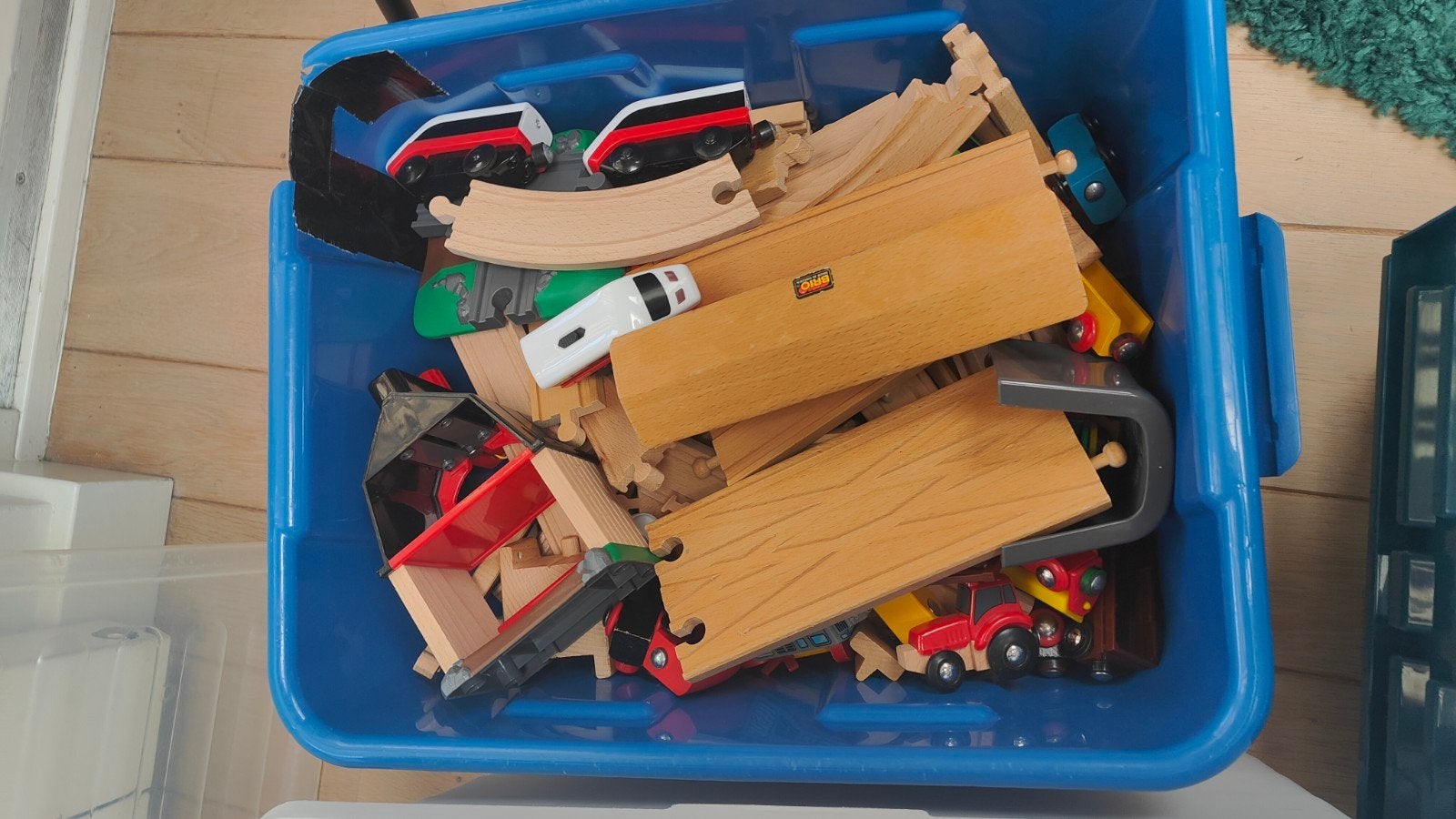 Grote set houten treinbaan en treinen, Ophalen, Gebruikt