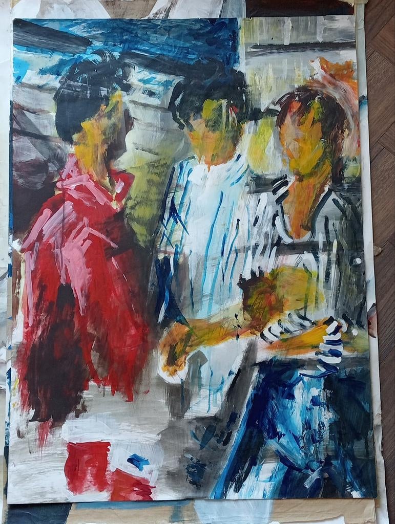 Gouache olieverf op papier 20e eeuw Drie figuren, Antiek en Kunst, Ophalen of Verzenden