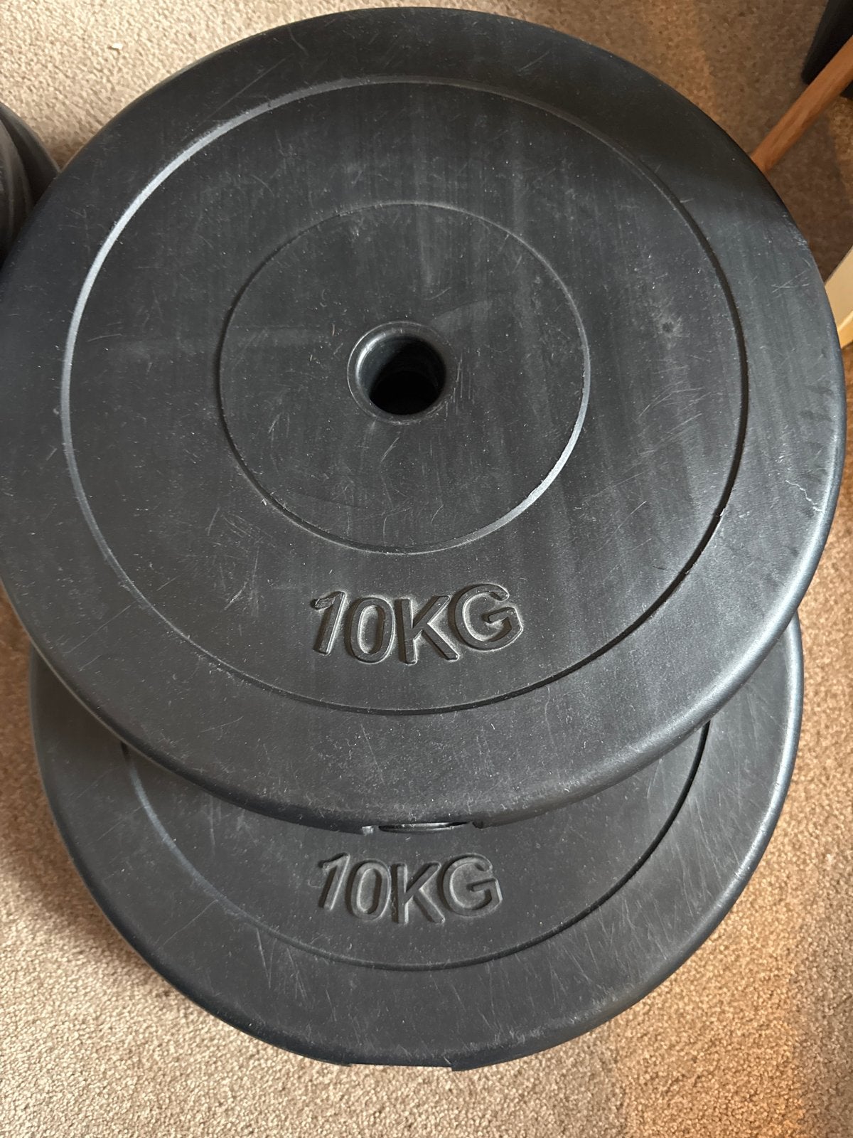 2x 10 kg Halterschijven / Gewichten, Sport en Fitness, Fitnessmaterialen, Ophalen of Verzenden, Gebruikt, Halterschijven