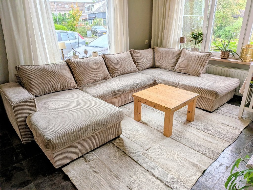 Beige bank u-vorm / hoekbank, Ophalen, Hoekbank, 300 cm of meer, Zo goed als nieuw