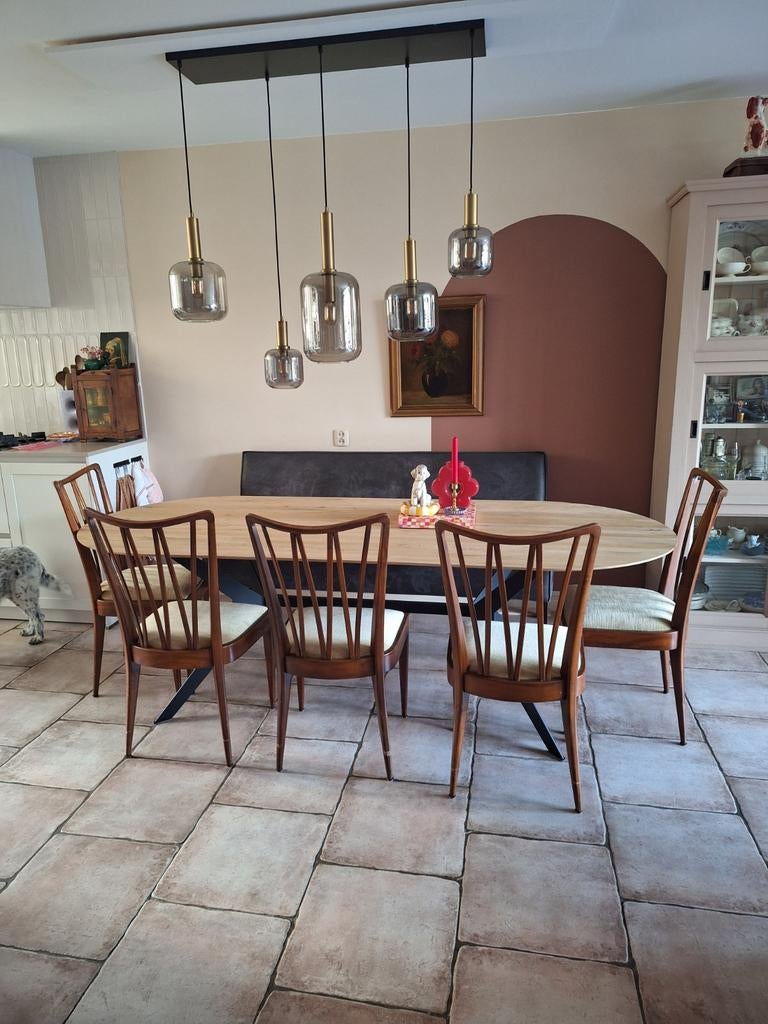 Set van 5 eetstoelen, A.A. Patijn voor Zijlstra Joure,, Huis en Inrichting, Stoelen, Ophalen, Gebruikt, Bruin, Stof