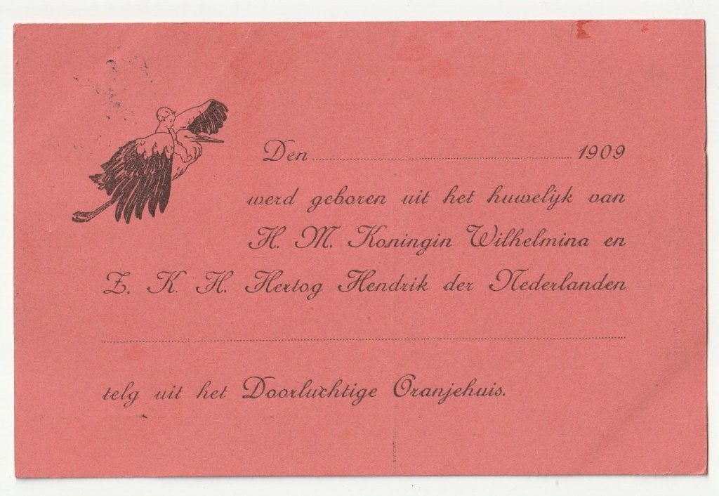 Oranje in te vullen Juliana geboortekaart 1909 met stempel, Gebruikt, Verzenden, Kaart, Foto of Prent, X