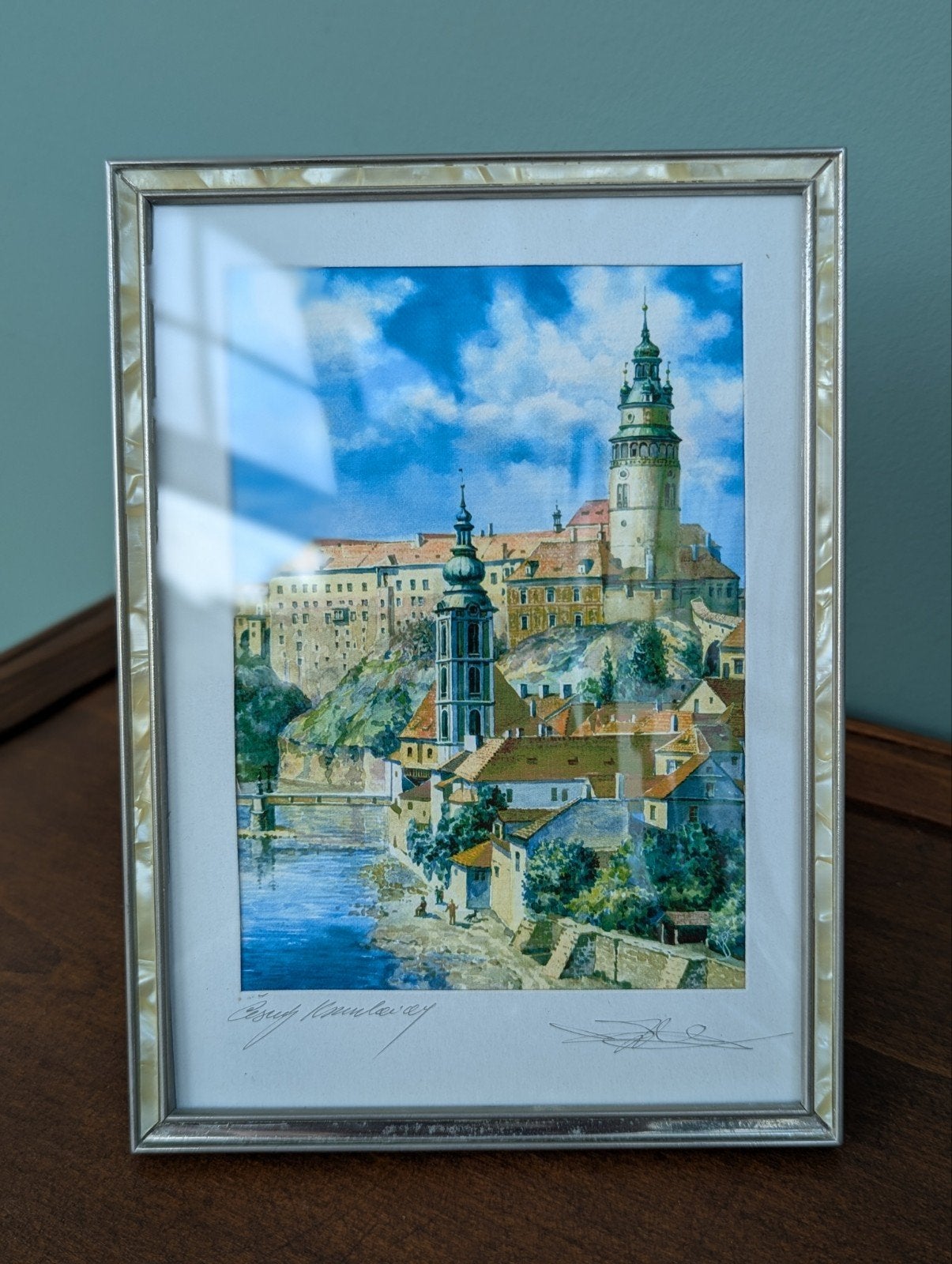 Originele aquarel Český Krumlov in vintage Max Stam lijst., Realistisch, Ophalen of Verzenden, Aquarel, Bijzondere lijst