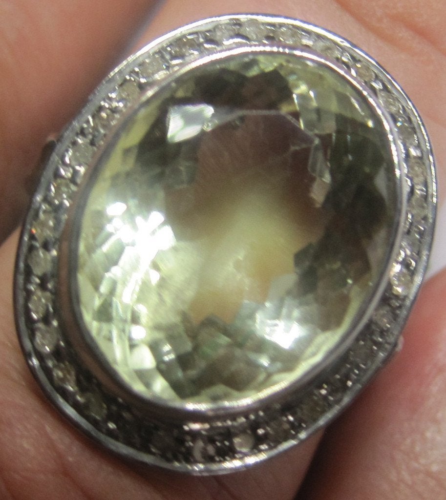 Prasiolite diamant cocktail ring 0.38krt diamantjes ZELDZAAM, Ophalen, Zo goed als nieuw, 17 tot 18, Met edelsteen