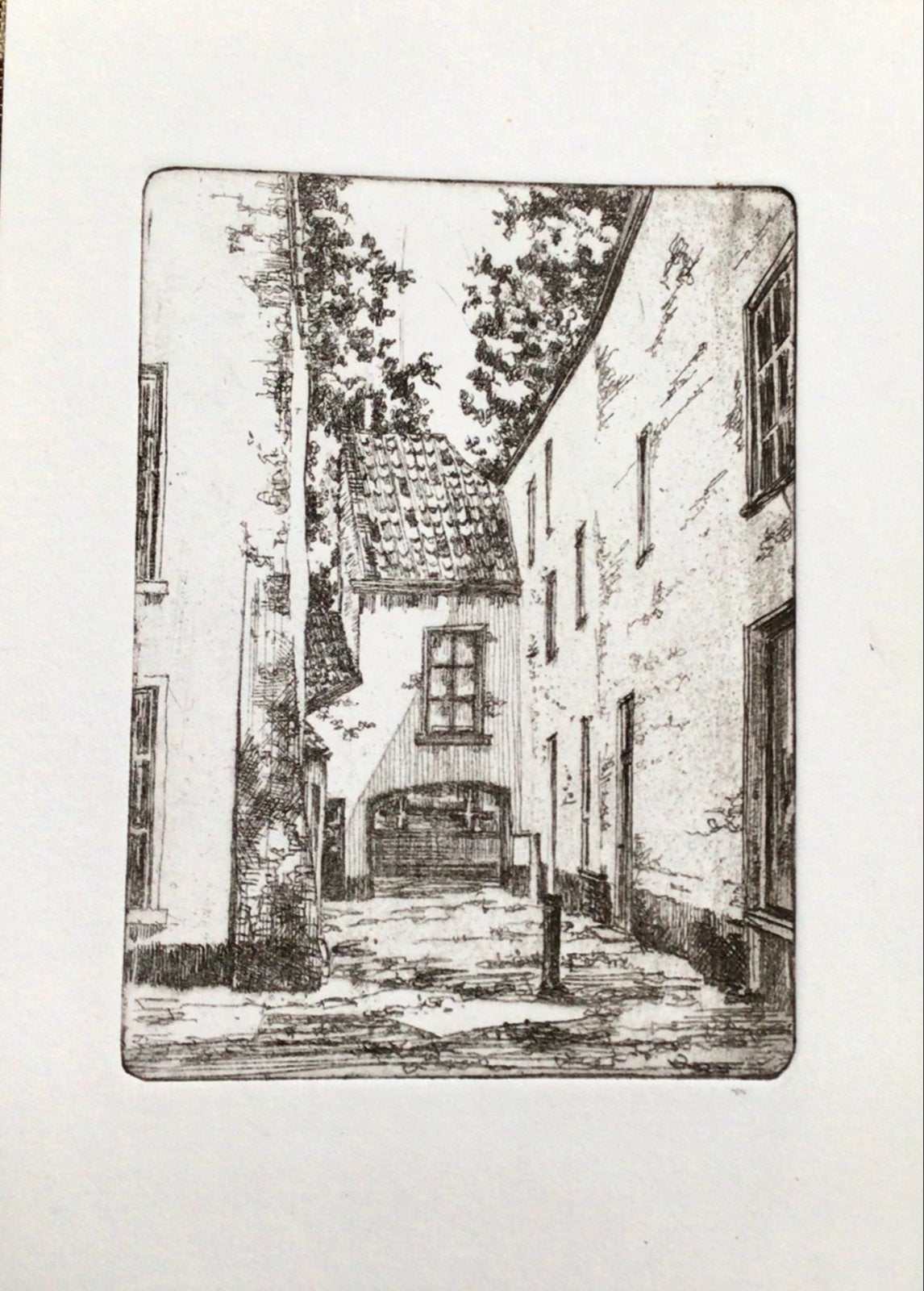 Etsen van kunstenaar J. Verhoeven, Antiek en Kunst, Kunst | Etsen en Gravures, Stadsgezicht, Ophalen of Verzenden, 1950 - 1999