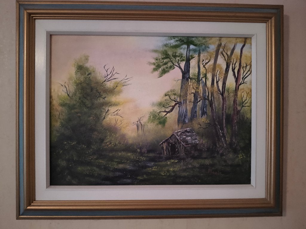 Schilderij  bos met hutje, Ophalen, Achter glas, Landschap